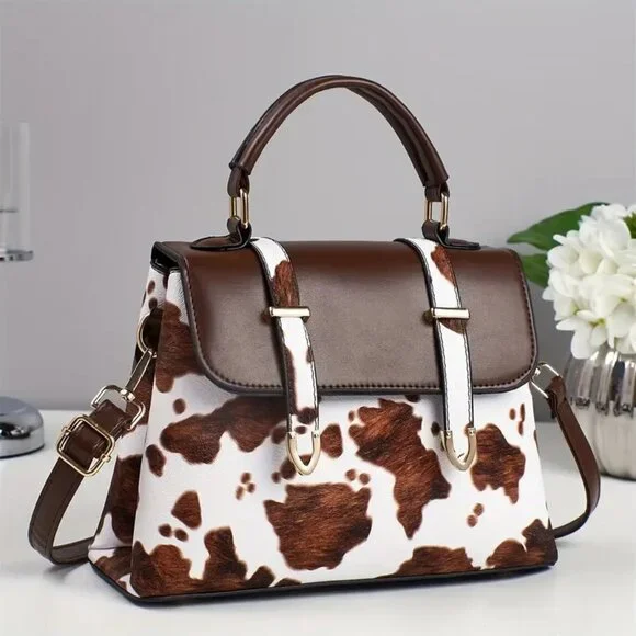 Brown Cow Print Vegan Leather Satchel Crossbody Bag - Picture 3 of 6